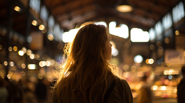A woman with long hair looking into the distance with a blurred background of the market place