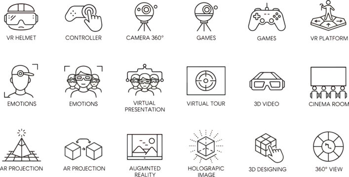 Virtual reality technology icons for gaming and design  augmented reality symbols and 3D graphics concepts