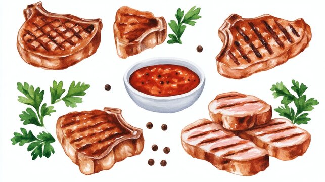 Watercolor illustration of grilled pork chops and steaks with sauce and parsley, bright appetizing food arrangement