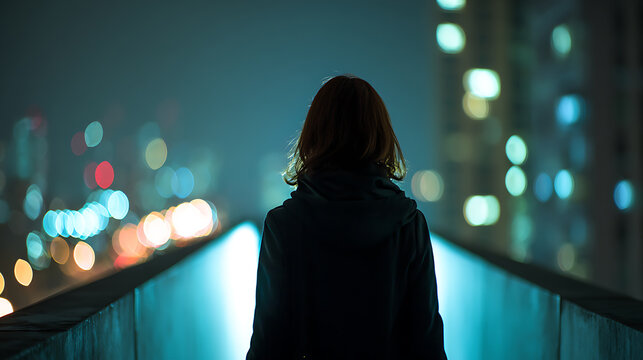 A person silhouetted against a luminous cityscape, immersed in the evening atmosphere