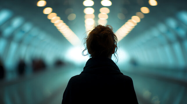 A solitary figure navigates a futuristic tunnel, embodying determination and introspection. The tunnel is illuminated with glowing lights, creating a sense of forward momentum