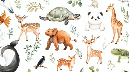 Fototapeta premium Watercolor pattern of cute baby animals and foliage on white background