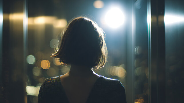 A woman gazes pensively, observing a bright city skyline through a window