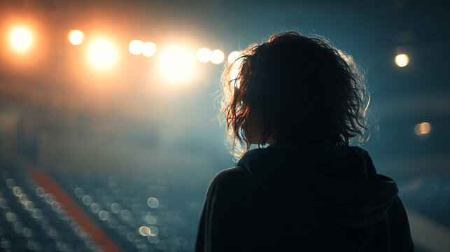 A silhouette of a person standing on the stage, looking at the audience, with blurred lights in the background. The person has curly hair.