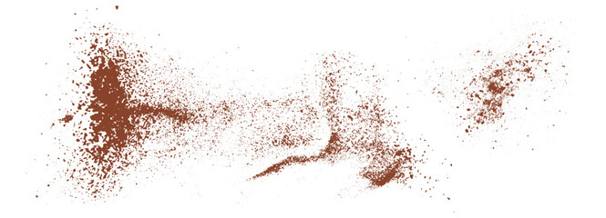 Obraz premium Brown powder explosion isolated on white background. Flying dust particles and granules creating dynamic splatter texture for overlays