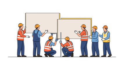 Obraz premium Construction teamwork: A group of construction workers working together to install large blank signboards. Their focused effort symbolizes collaboration, precision, and dedication.