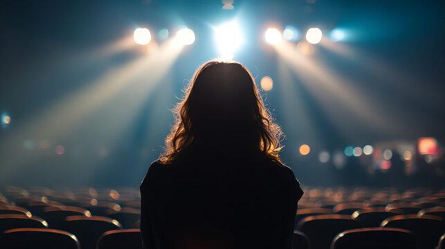 A silhouette of a person standing on a stage with the audience in front