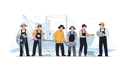 Ocean's Crew: A team of skilled fishermen stands united, their boat ready for the day's maritime adventure, embodies the spirit of industry and collaboration. © Rokaiya