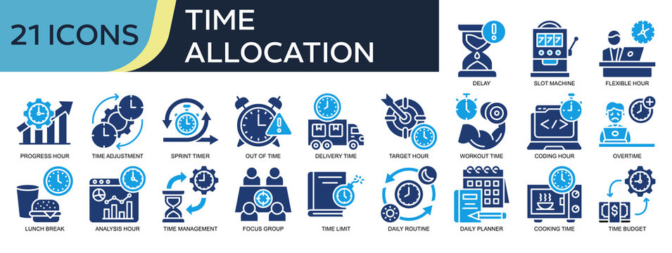 Collection of Time Allocation icons, related to Flexible Hour, Time Adjustment, Workout Time, Focus Group, Time Management and more. Solid icons vector illustation.