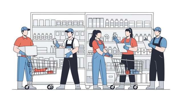 Organized Store Clerks: A team of diligent store clerks, focused and methodical, meticulously organizing products, restocking shelves, and managing inventory in a well-organized store.