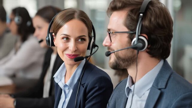 Smiling call center operators wearing headsets in a bright office engaging with customers during a busy workday