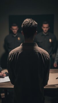 A teen stands hesitantly before a row of blurred suspects in police lineup, while officers write reports in dimly lit interrogation room. Law enforcement and juvenile crime awareness concept.