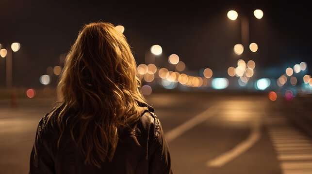 A solitary woman with long, blonde hair walks away from the camera on a deserted street at night. Streetlights cast a warm glow in the blurred background.