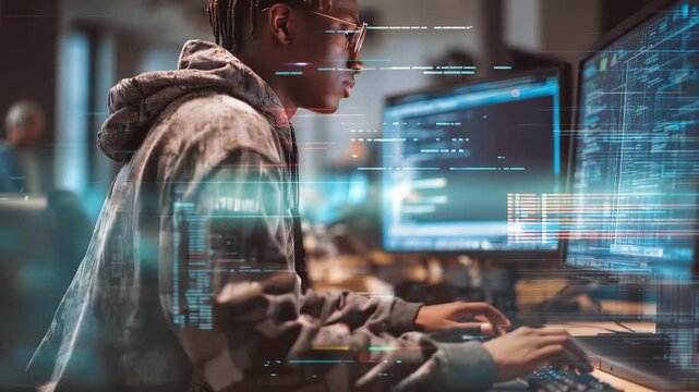 Software developer programming at a modern workspace with multiple screens showcasing coding activities and digital graphics in a collaborative environment
