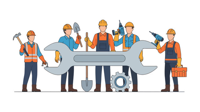 Team of Skilled Craftsmen: A collaborative group of construction workers, each bearing essential tools, unite to embody the essence of craftsmanship and collaborative industry efforts.