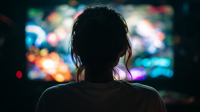 A silhouetted person watches a vibrant, out-of-focus screen, likely a television or computer monitor, displaying colorful lights and patterns in a dark room
