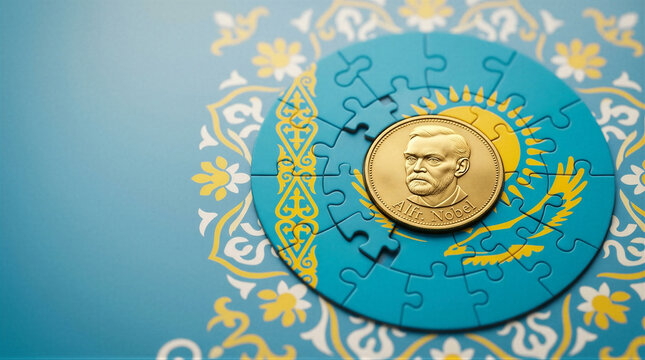 A gold coin with the image of a man's face on a puzzle piece.
