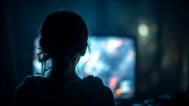 A young person engrossed in playing a video game on a television screen in a dimly lit room, silhouetted against the glowing display.
