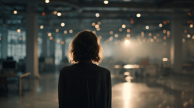 A solitary woman stands in an empty, dimly lit office space, bathed in the warm glow of overhead lights. The atmosphere evokes a sense of contemplation and quiet determination