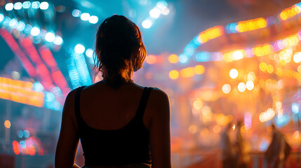 Fototapeta premium A silhouette of a woman looking at a vibrant carnival at night with bokeh lights in the background. The atmosphere is festive and exciting