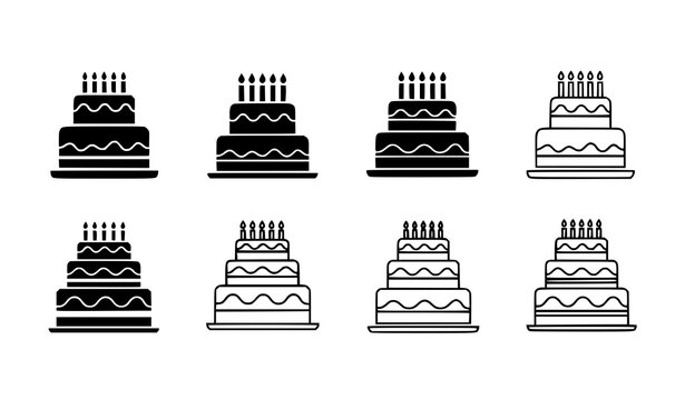 Birthday Cake UI Icons Pack &ndash; Flat and Line Stroke Celebration Vector Set