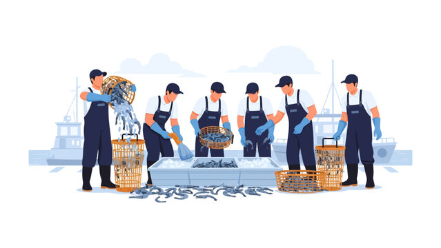 Fish Processing on the Dock: A team of skilled workers meticulously sorts, and processes a bountiful catch of fish on the dock, showcasing the industry of fishing in action.