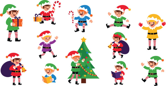 Christmas Elf Characters Vector Set with Cute Holiday Elves Gifts Tree Isolated on White Background