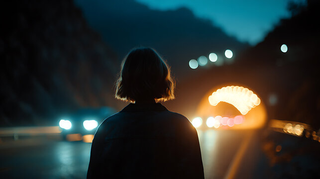A silhouette of a woman standing on a road at dusk, looking towards a tunnel with car lights in the background