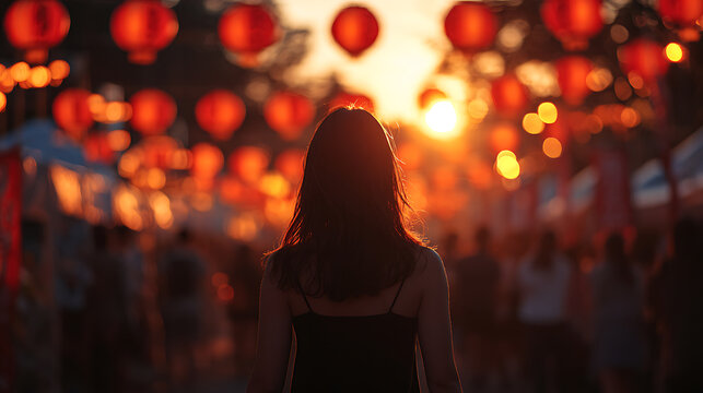 A woman stands facing away, bathed in the warm glow of sunset amidst a vibrant street filled with traditional red lanterns. The atmosphere is festive and communal.