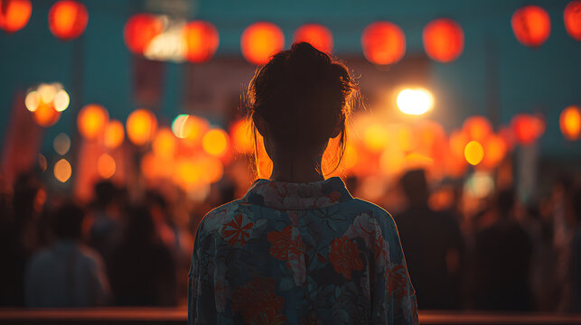 A woman in traditional attire faces away from the camera, gazing at a vibrant display of glowing lanterns in a nighttime festival setting