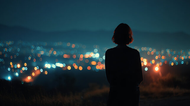 A solitary silhouette of a woman standing on a hill, gazing at a sprawling cityscape illuminated by a myriad of twinkling lights at dusk. The bokeh effect of the distant lights creates a dreamy.