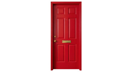 Obraz premium Bright red six panel door with brass mail slot and doorknob entrance entry, Isolated On Png Transparent Background