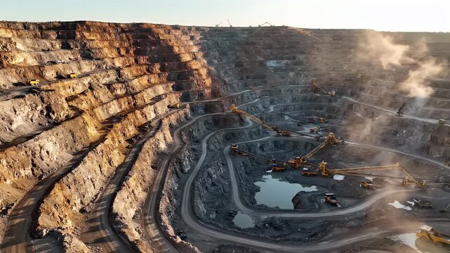 Aerial View of a Massive Open-Pit Mine at Sunrise.