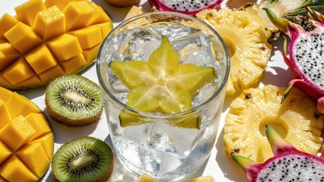 Refreshing Tropical Fruit Drink with Ice and Starfruit Slice.