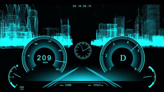 Futuristic Car Dashboard HUD Animation with Smart City Interface, Autonomous Driving Digital Display Loop