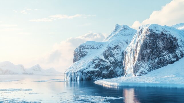 snowy island in the arctic with cliffs and frozen ocean, generative ai