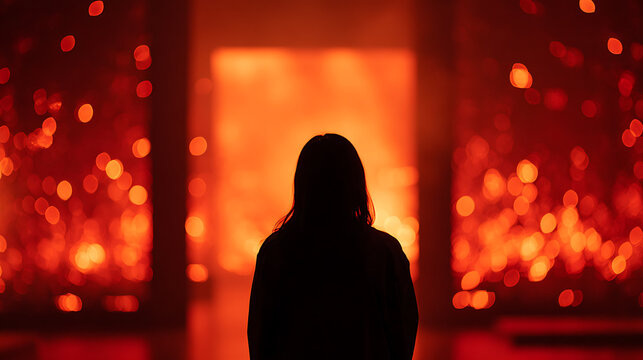 A solitary silhouette stands before an intense, fiery background, evoking a sense of mystery and dramatic intensity. The glowing particles and deep red hues create an almost infernal atmosphere
