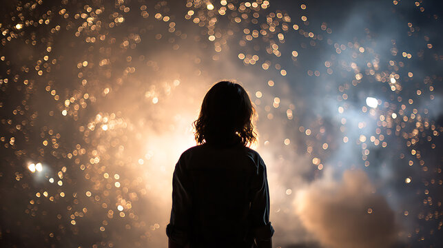 A silhouette of a person looking at a fireworks display. The fireworks are exploding in the night sky, creating a spectacle of light and color