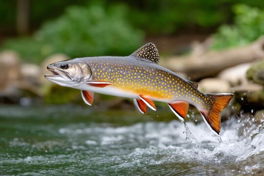 Brook trout jumping from water with splash