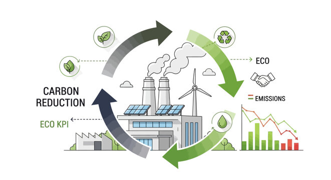 A vector illustration depicts an industrial factory undergoing carbon reduction and striving for net zero, showcased with a circular chart design showing sustainability efforts
