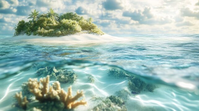 tiny coral atoll surrounded by crystal clear water, generative ai
