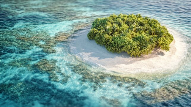 tiny coral atoll surrounded by crystal clear water, generative ai