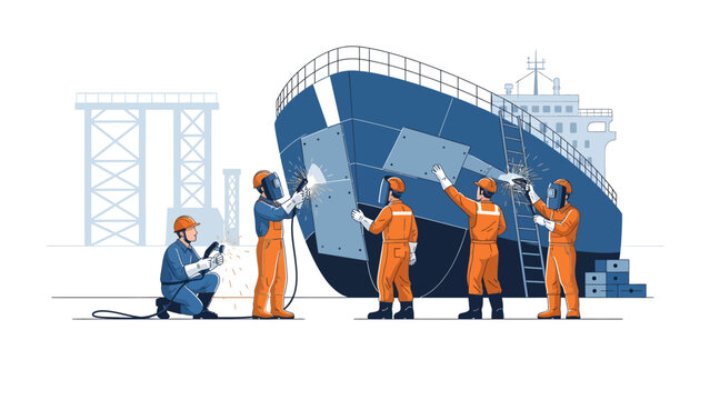Shipyard Workers Repairing Ship: A team of skilled shipyard workers meticulously repair a large ship. the team embodies the values of dedication, hard work, and technical precision.