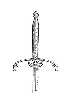 Two-handed sword, intricate antique sword hilt and blade, detailed cross-guard, textured handle, white background, old vintage illustration, 1897.