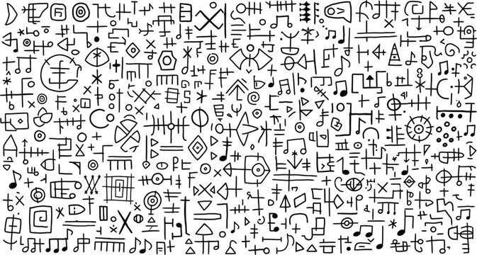 Intricate black and white abstract pattern resembling ancient symbols and complex mathematical equations