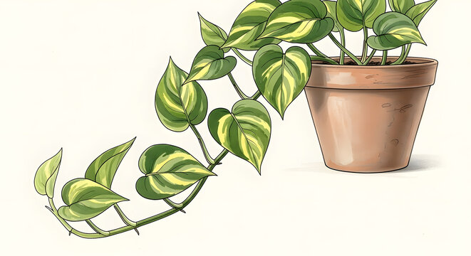 A hand-drawn artistic depiction of a trailing pothos plant with variegated green and yellow leaves in a terracotta pot
