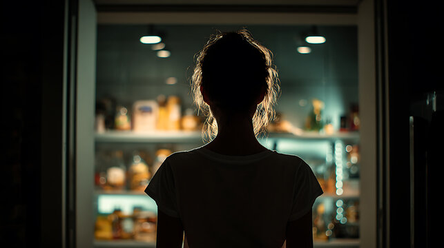 A person silhouetted against a brightly lit refrigerator filled with various food items, hinting at a late-night snack or contemplation.