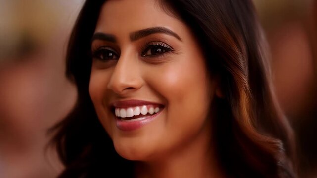 Anusha smiles warmly while appearing in a video, conveying a sense of joy and positivity.