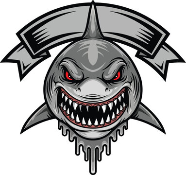 Aggressive marine animal illustration, a roaring shark with sharp teeth and banner, front view