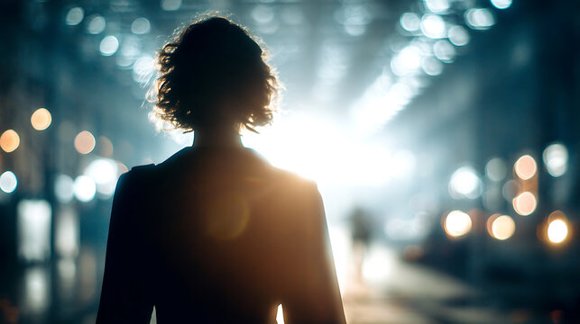 A silhouette of a woman with curly hair stands facing a bright light at the end of a tunnel or passageway, evoking a sense of mystery and journey